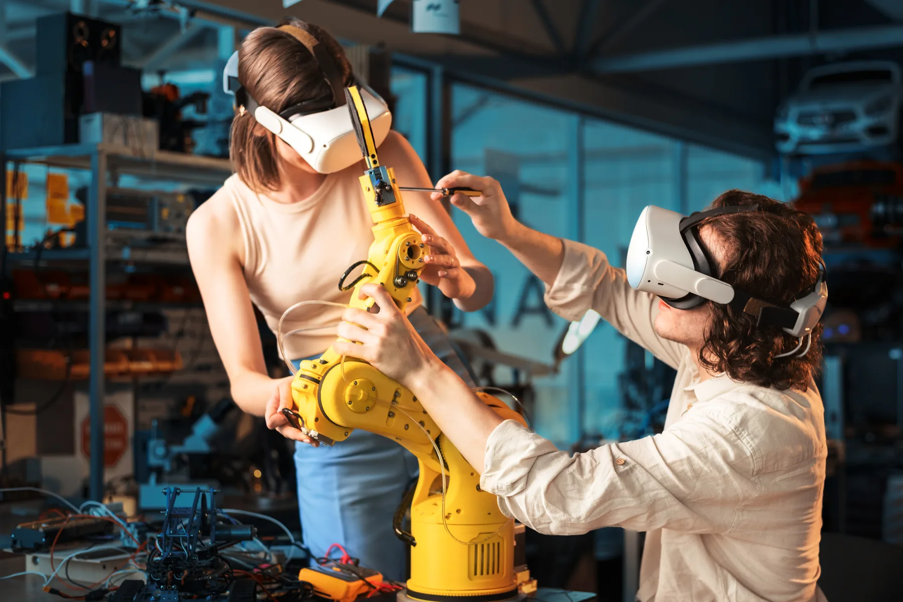 Engineers using VR headsets with robotic equipment for Aatral enterprise XR training and industrial operations